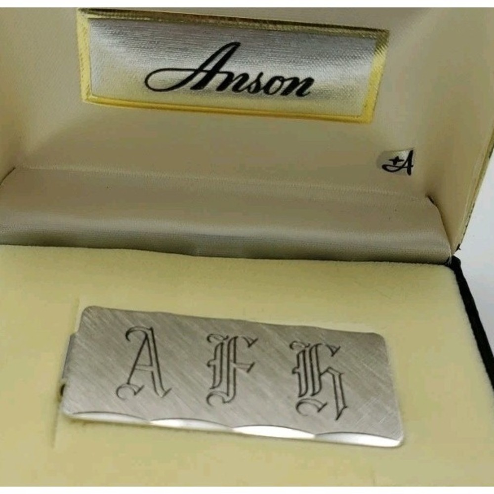 Vtg Anson Money Clip 1/10 Silver Overlay Embossed Plaid Engraved Initials AFH